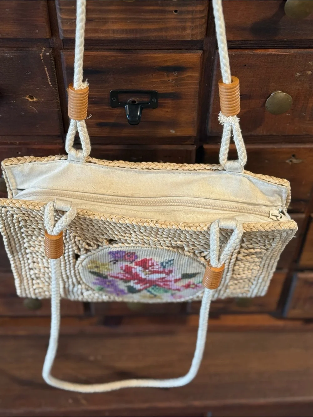Vintage Artisan Needlepoint Purse Handbag Shoulder Bag Hemp Jute 1950s